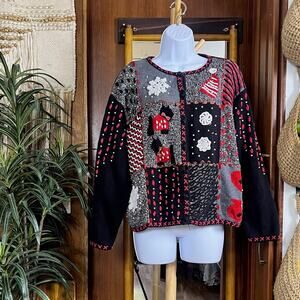 Vintage Christmas Patchwork Sweater XL Beaded Snowflake Scottie Dog Button Front